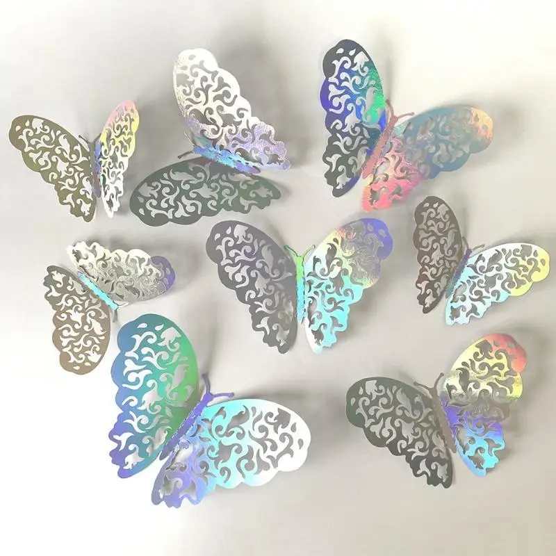 12 Stück Holographische 3D-Schmetterlings-Wandaufkleber, Hohl Geschnitzte Irisierend Glänzende Sticker für Heimdekoration, Kinderzimmer, Hochzeit, Party – Detail 5