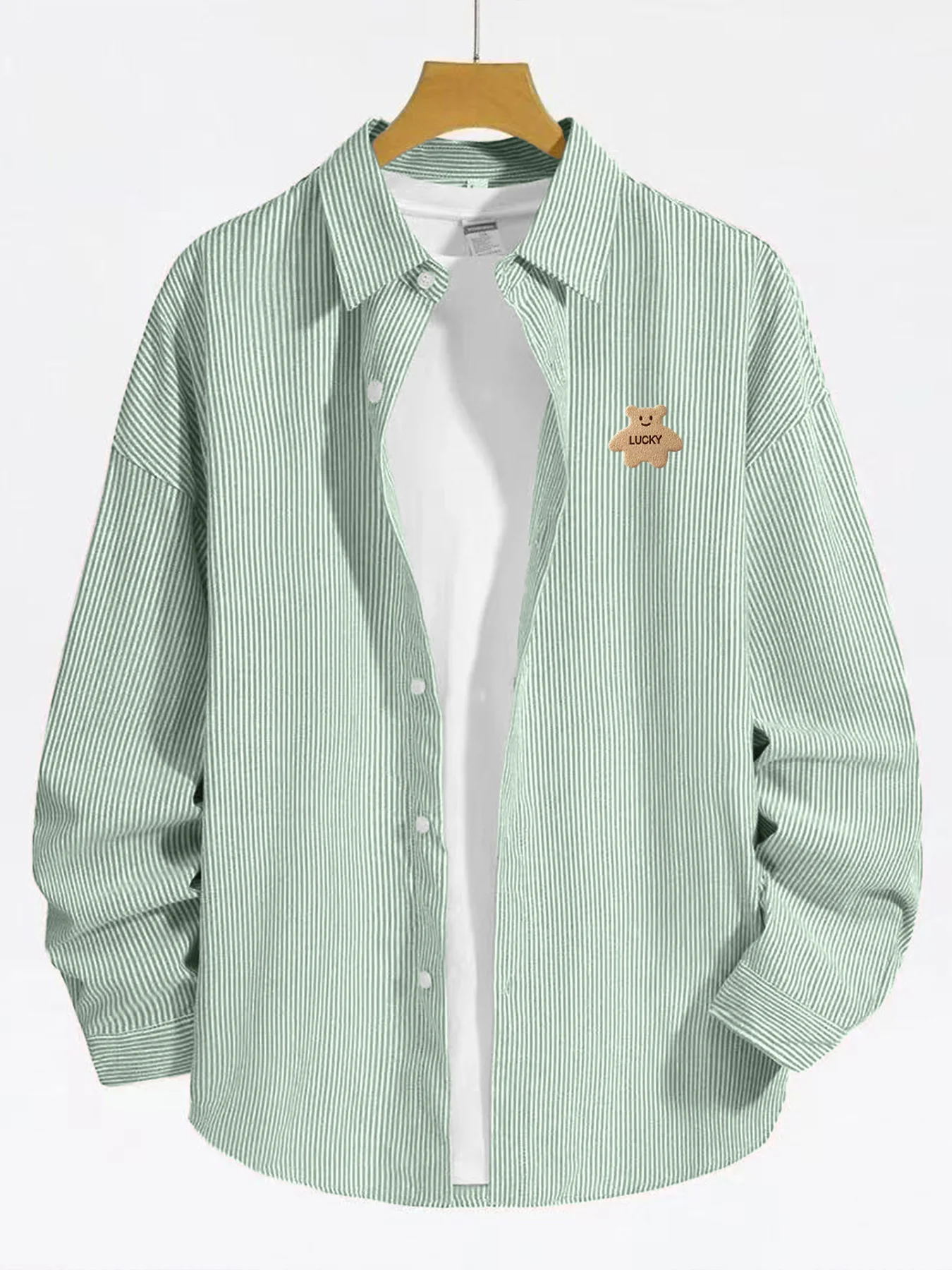 

Cartoon Fun Little Bear Pattern Spring and Autumn New Long-Sleeve Fine Stripe Shirt Trendy Men's Casual Simple Shirt