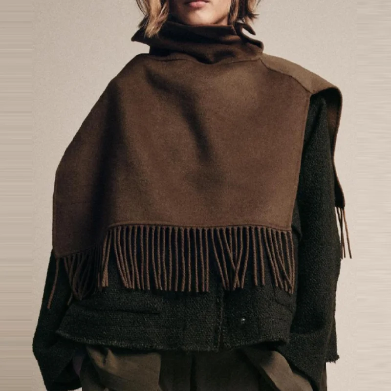 

Solid Tassel Shawl for Women High Neck Sleeveless Soft Cape Top Irregular Hem Losse Cloak Jacket 2025 New Autumn Lady Shawls