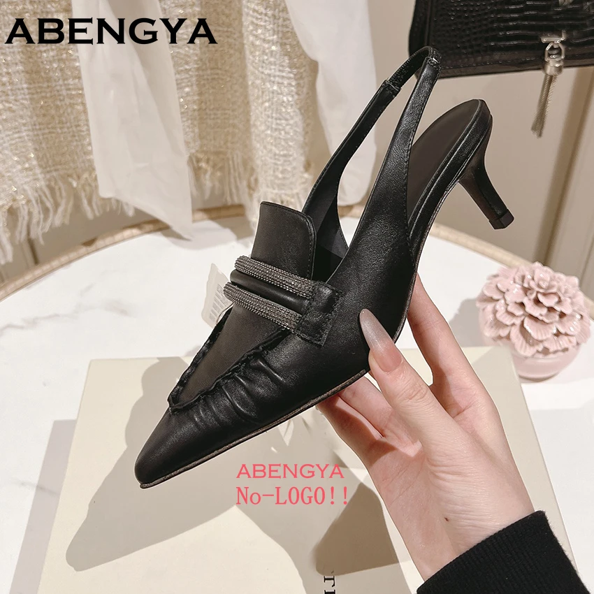 

Summer High Heels Women Pumps Pointed Toe Slingbacks String Bead Dress Shoes Women Genuine Leather Kitten Heels Sandals Woman