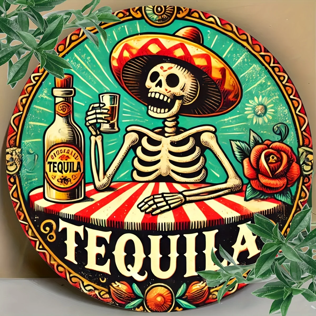 Room Decor 1pc Vintage Tequila Skeleton Aluminum Wall Art Sign Durable Metal Plaque for Home, Office