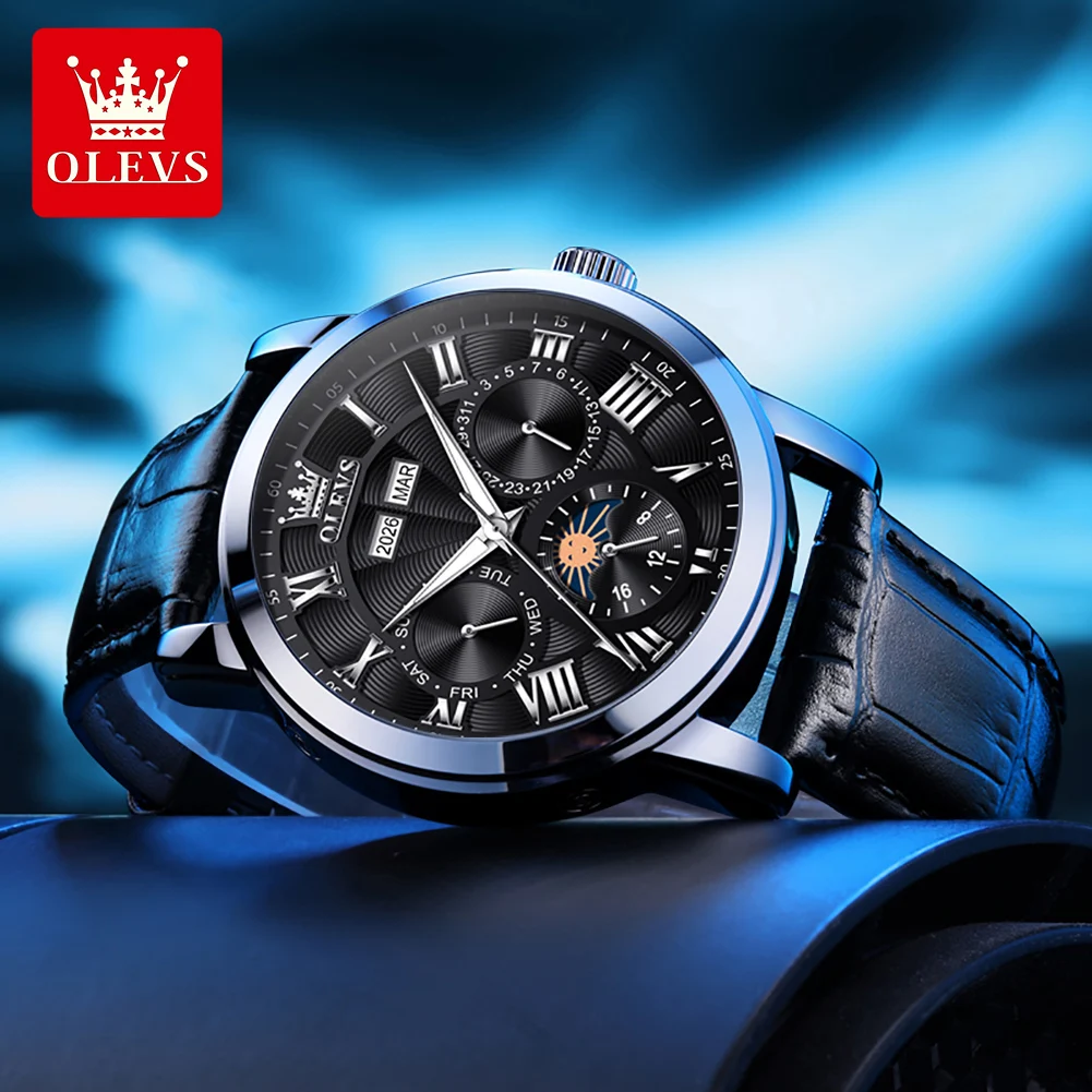 OLEVS 6785 Automatic Men Watch Leather Strap Fashion Dial 24-hour Moon Phase Mechanical Movement Night Light Waterproof Watch