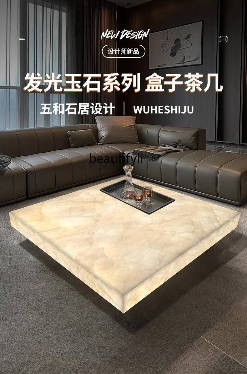 Luminous coffee table luxury stone villa living room square marble household light luxury minimalist jade