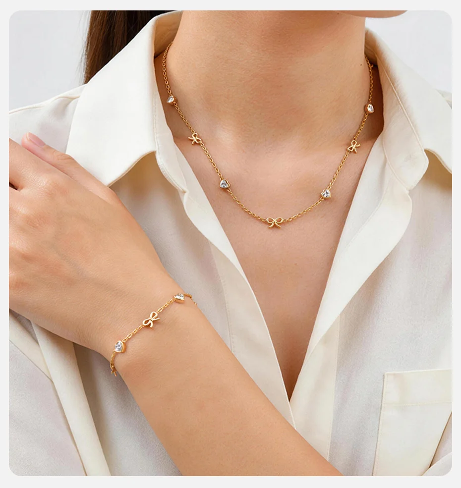 Vnox Vergoldetes Schleifenknoten-Herz Charm-Armband für Frauen, Trendige AAA Zirkonia Schleifenknoten-Halskette Ästhetischer Schmuck Wasserfest – Detail 3