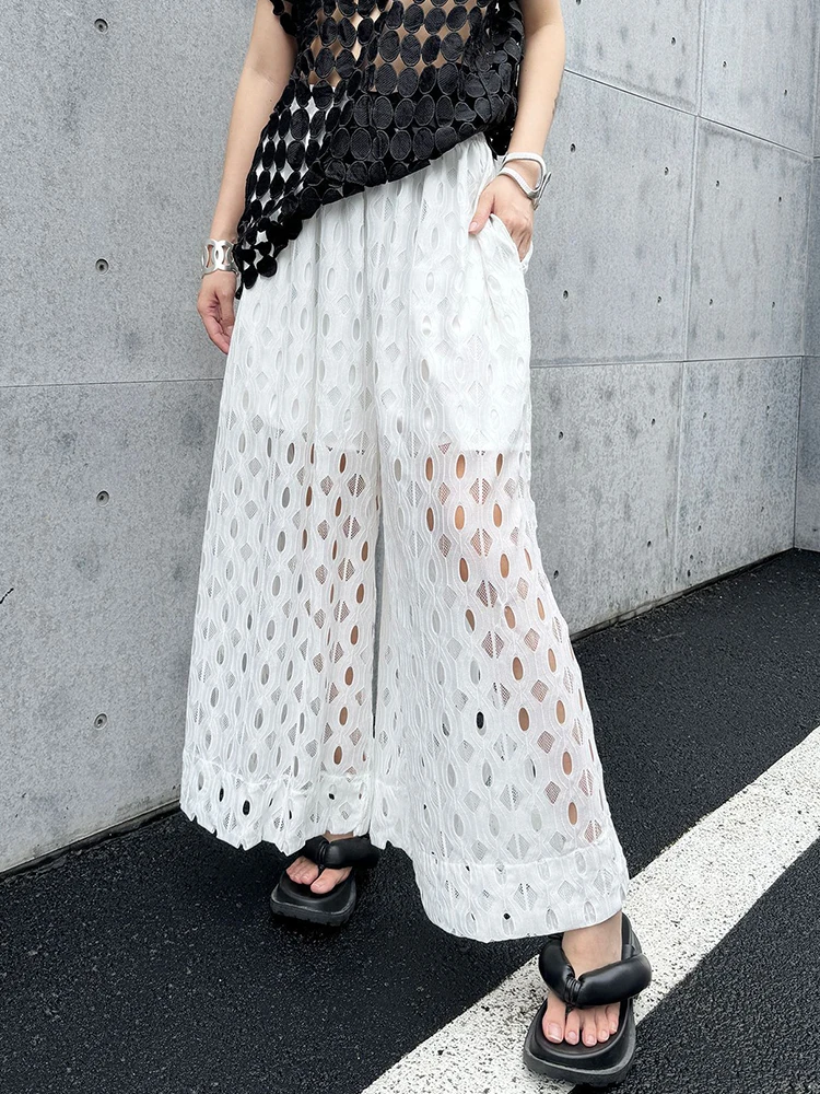 [EAM] High Elastic Waist Black Lace Hollow Out Long Wide Leg Pants New Trousers Women Fashion Tide Spring Autumn 2024 1DH5969