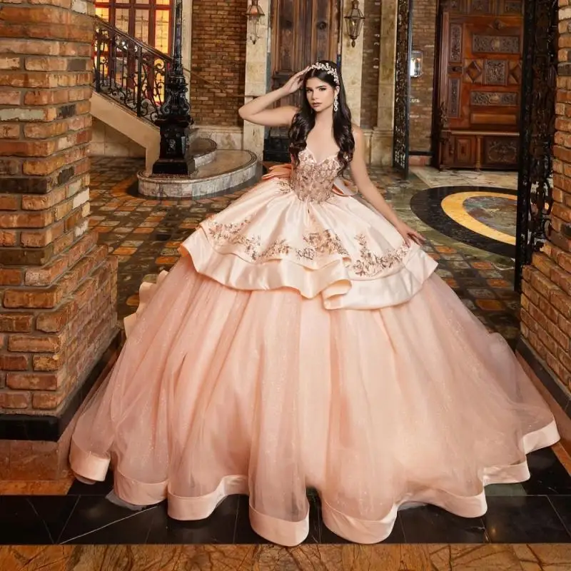 

Customized Shiny Pink Ball Gown Quinceanera Dress Applique Beading Bow Layering Corset Sweet 16 Vestidos De 15 Anos