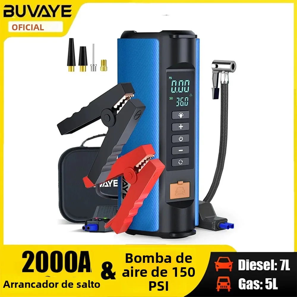 Arrancador de batería de coche 2000A, Banco de energía portátil, bomba de aire de 150PSI, batería de coche, dispositivo de arranque de emergencia, arrancador de coche de 10000mAh