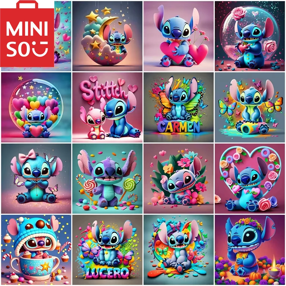 MINISO pintura al óleo por número Disney Lilo Stitch dibujos animados decoración del hogar pintura pared dormitorio decoración de la habitación marco de regalo