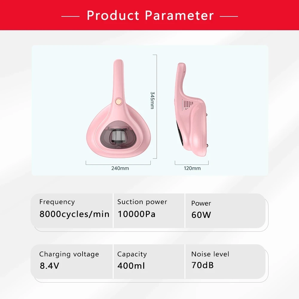 자외선 진드기 제거 기기 10000PA 진공 청소기 가정용 매트리스 소파 분리형 필터, 무선 핸드 헬드 진공 청소기