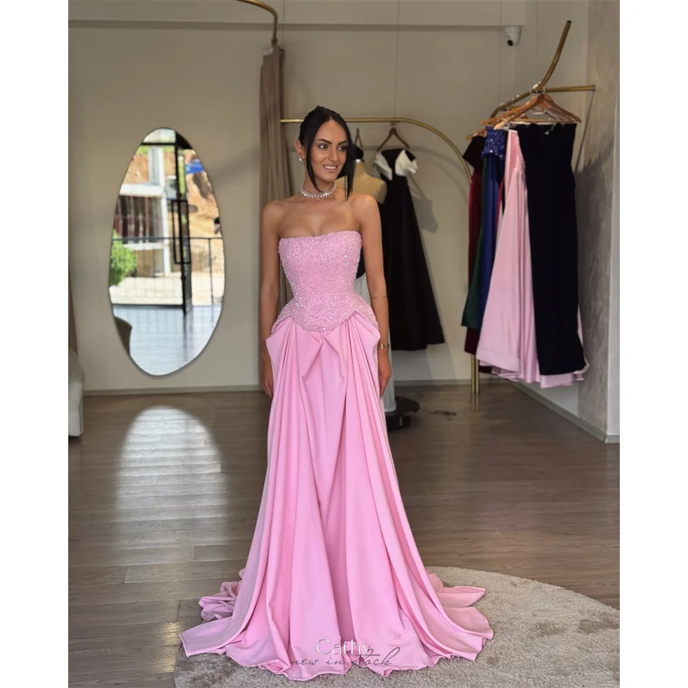 

Cathy Customized Pink Strapless Shiny Sequins Prom Dresses A-Line Sleeveless vestidos de noiva Draped Floor-Length Evening Dress