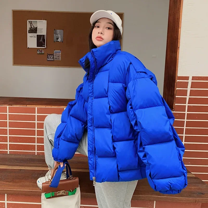 

Candy Color Thick Warm Puffer Jacket Women Stand Collar Parka Three-dimensional Weave Square Korean Cotton-padded Jacket New