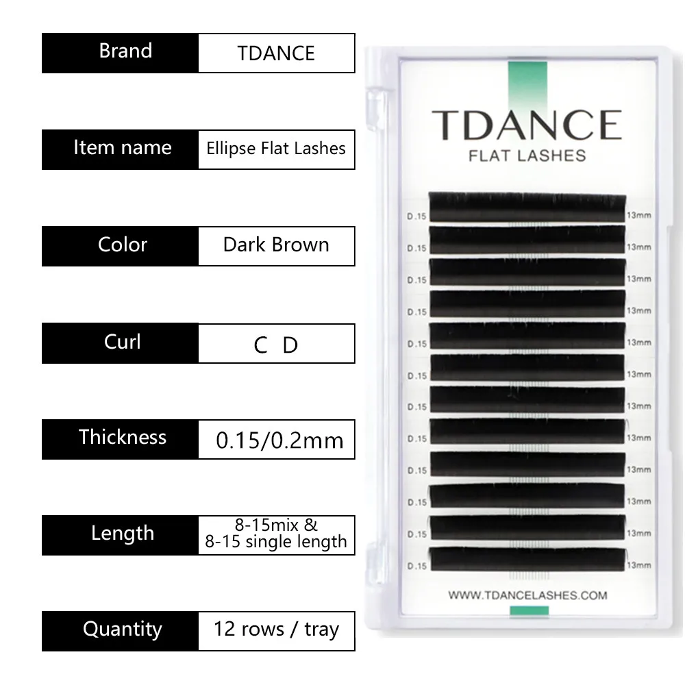 TDANCE Ellipse Flat Eyelash Extension Lashes 12 Rows 8-15mm 0.15/0.2 Individual Split Tips Matte Soft Faux Mink False Eyelashes