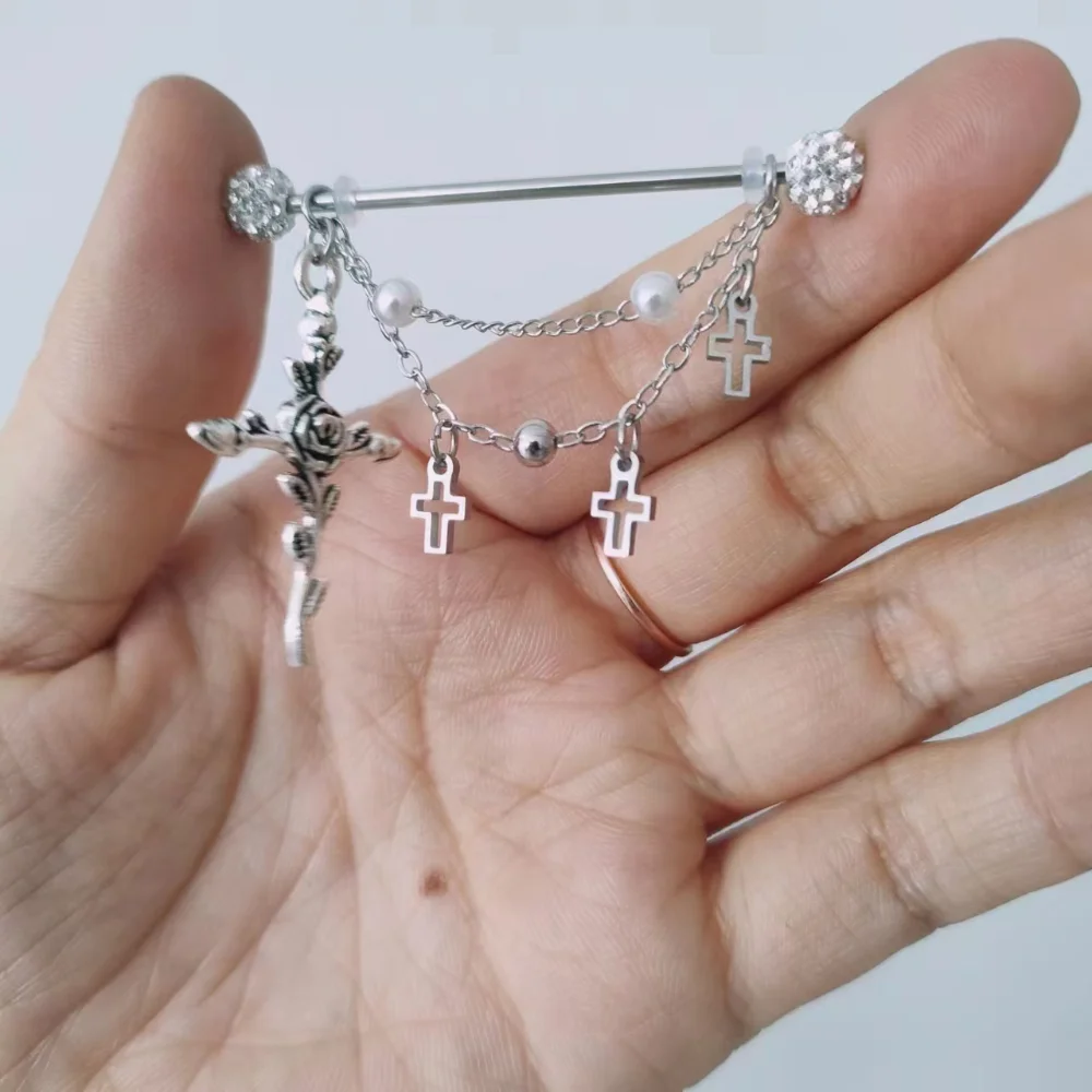1PC Industrial Scaffold Barbell Ear Piercing Bar Surgical Steel with Chain Cross Pearl  Piercing Body Jewelry for Women 14g 16g