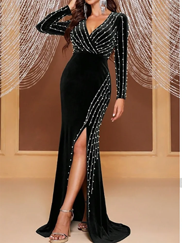 Classic V-Neck Beading Pearls Side Split Mermiad Evening Dresses Birthday Party Prom Gowns Customized