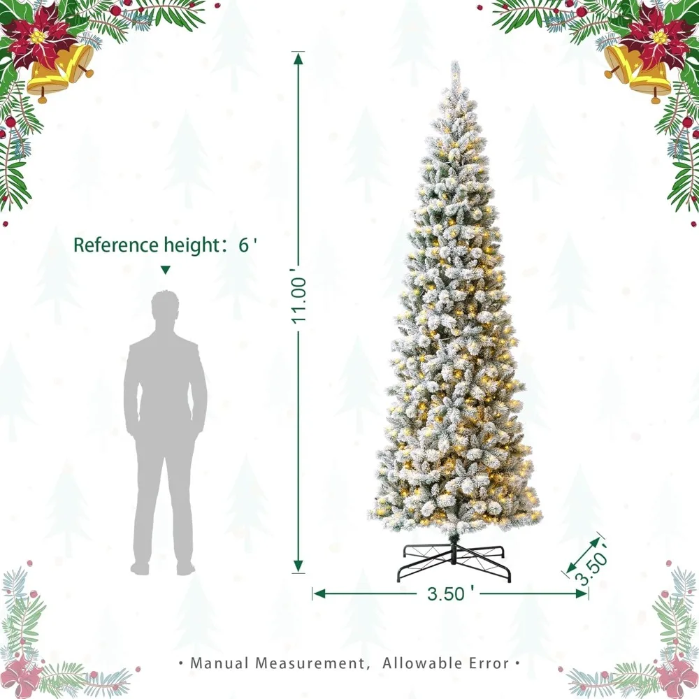 11ft Christmas Tree with 700 LED Lights, 9 Functional Warm White/Multi-Color, Remote Controller, Pre-Lit Flocked Christmas Tree