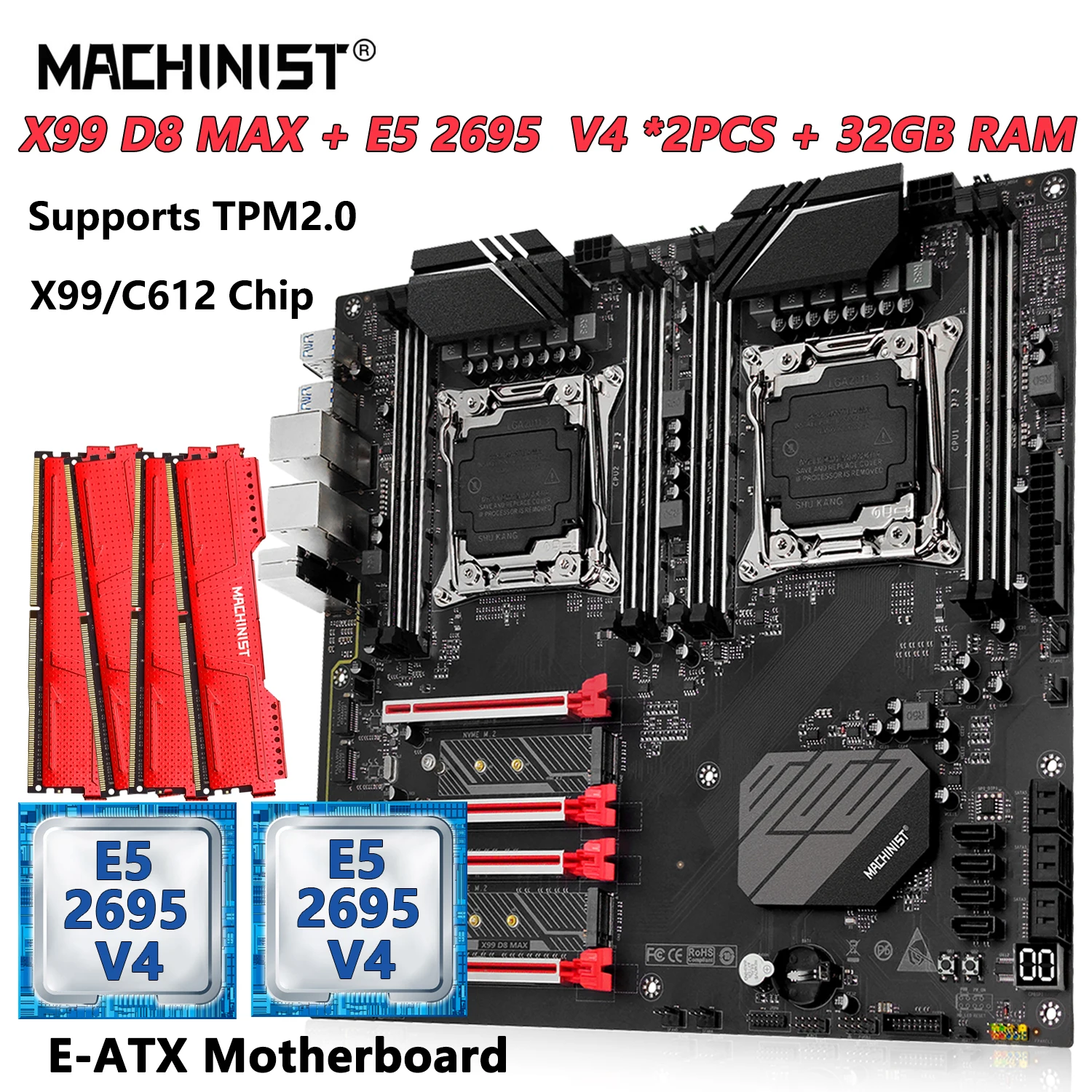 

MACHINIST X99 D8 MAX Dual CPU Motherboard Combo with Xeon E5 2695 V4 LGA 2011-3 CPU *2 and DDR4 32GB(4*8gb)RAM Supports TPM2.0