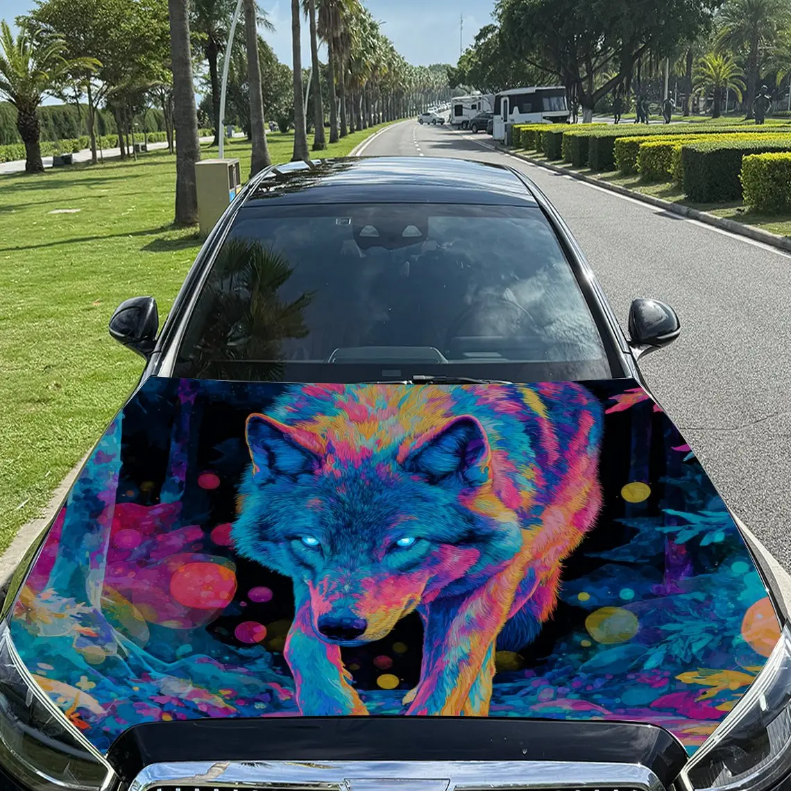 

Dreamy Colorful Wolf and Flowers & Plants Car Vinyl Wrap, PVC Material Waterproof Car Hood Sticker, Self-Adhesive Scratch-Resist