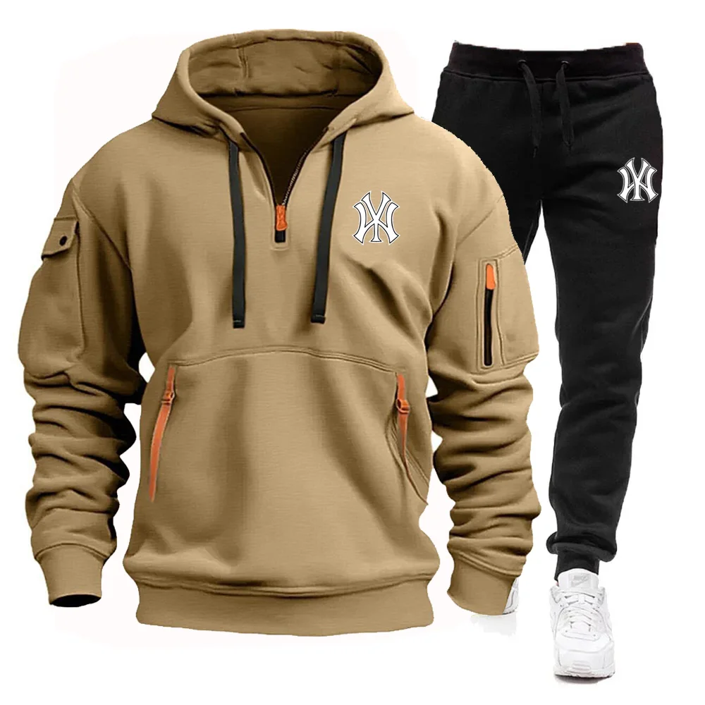 Autumn and winter men\'s multi-pocket zipper hooded long-sleeved hoodie + casual fitness jogging pants suit sportswear 2 sets