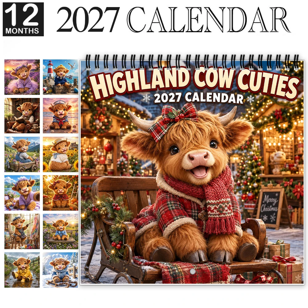 1pc 2027 Highland Cow Cuties Wall Calendar Spiral-Bound 12-Month Animal Calendar Cute Home or Office Wall Decor for Cow Lovers