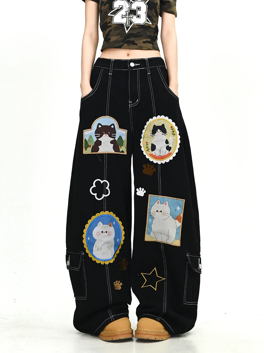 Lazy Cartoon Patchwork Loose Wide Leg Jeans Women's Summer New Style High Street Sweet Cool Versatile Casual Denim Pants