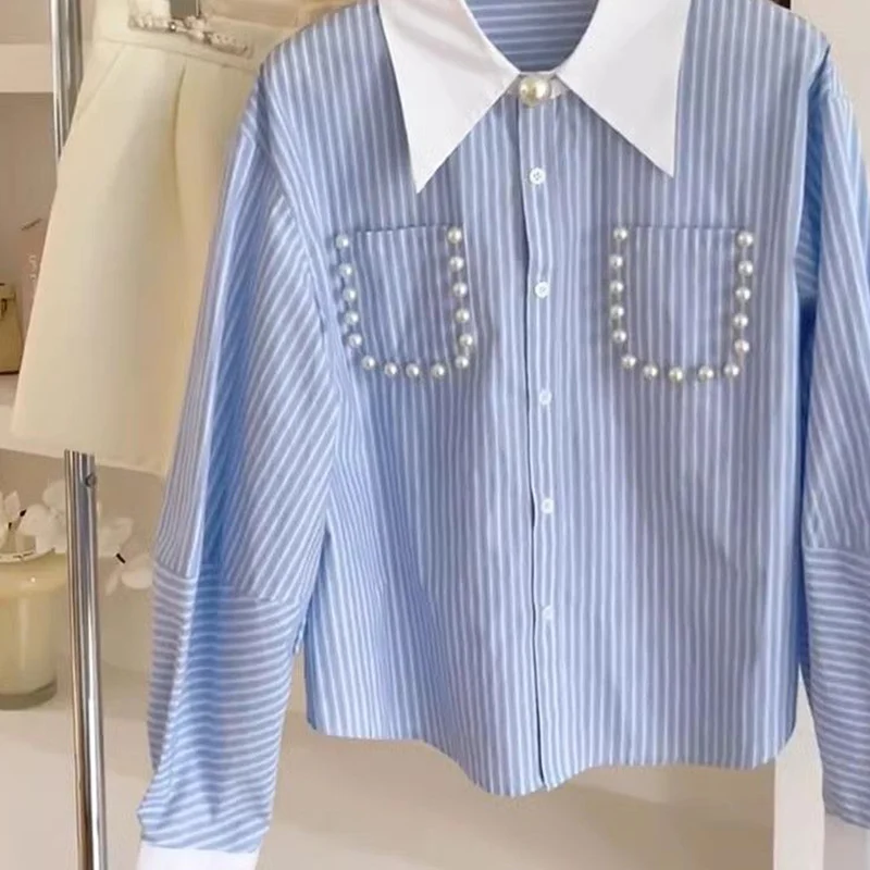 Simplicity Elegant Patchwork Long Sleeve Blouse Temperament Spring New Striped Shirts All-match Diamonds Turn-down Collar Tops
