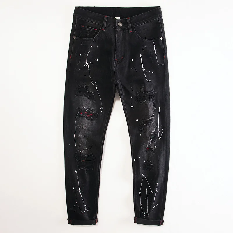 

Ripped Patch Ink Splash Black Jeans for Men Slim Fit Stretch High-End Versatile Trendy High Street Pants