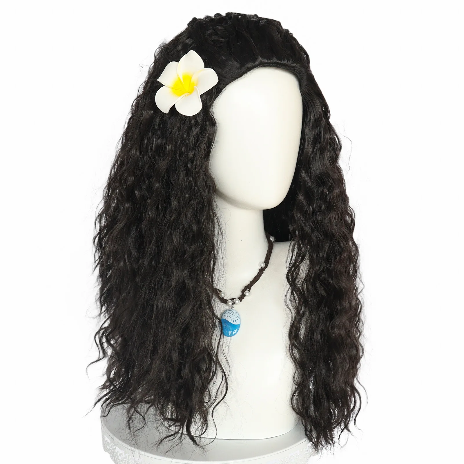 Halloween women Princess Moana Long Black Brown Curly Wavy wig Costumes with flower