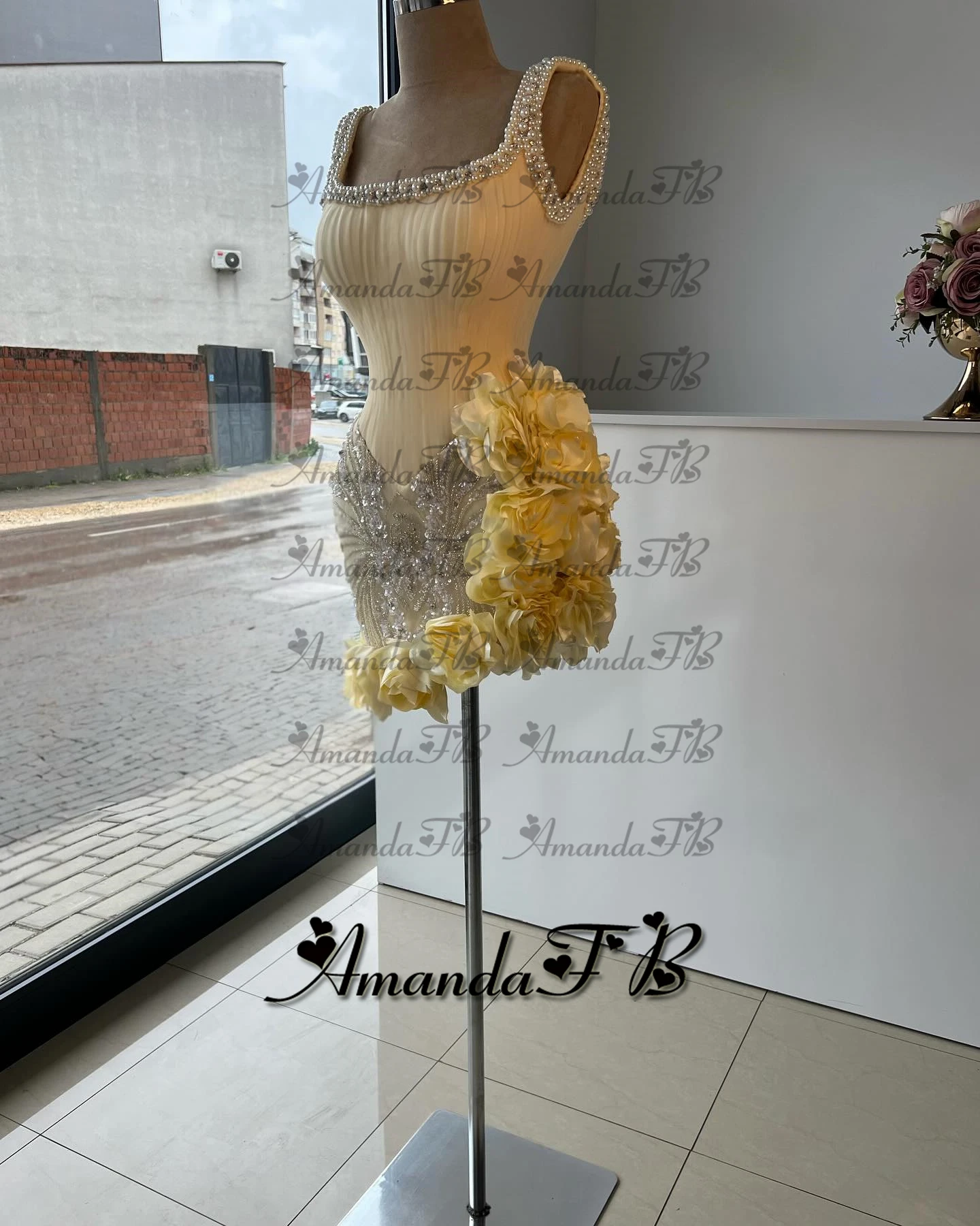 أماندا فستان كوكتيل رائع لحفلات العودة للوطن مزين باللؤلؤ ورقبة سكوب زهور ثلاثية الأبعاد مطوي مسابقة فيستدوس دي غالا مخصصة #3