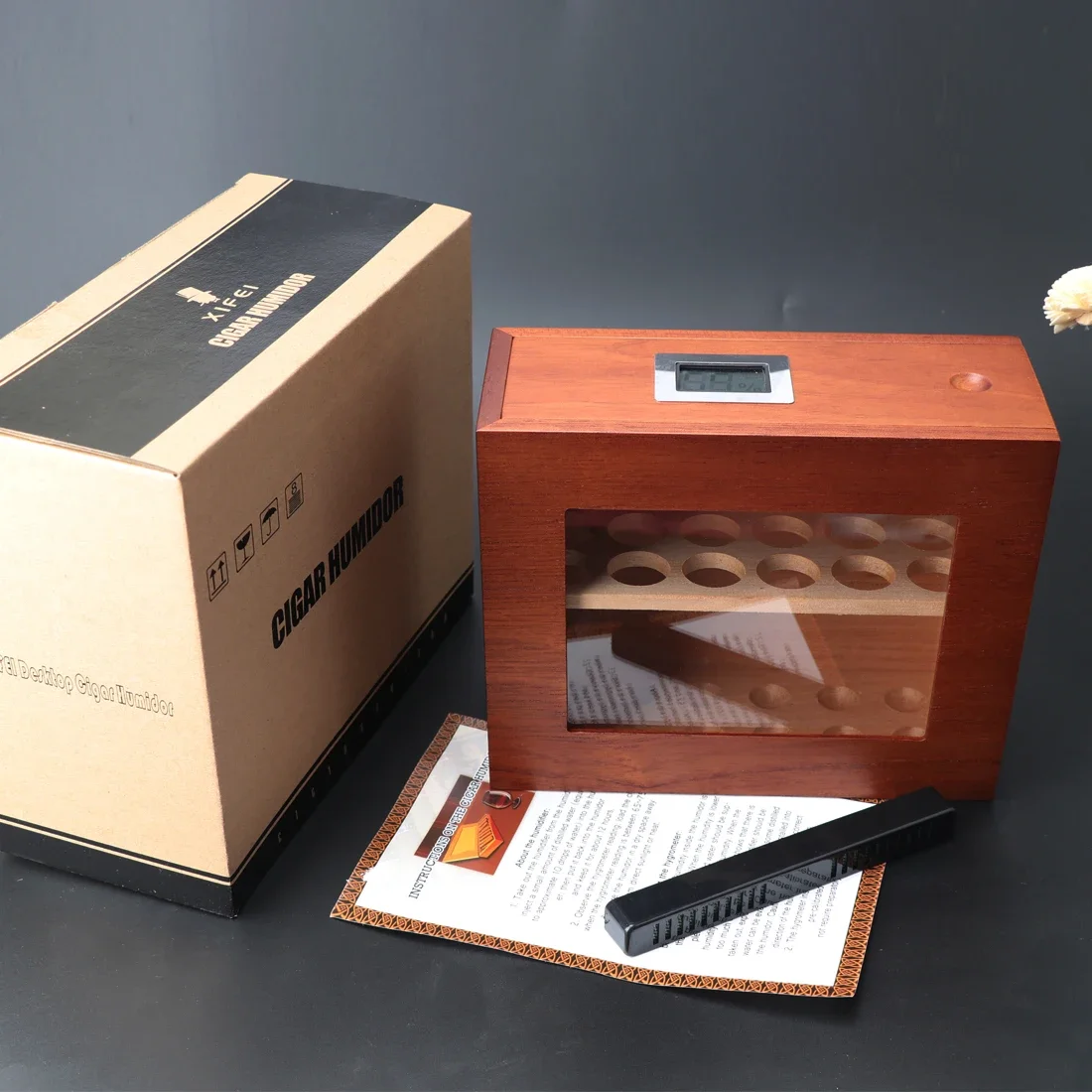 Xifei Wood Cigar Humidor Box Visible Glass Window Smoking Accessories Unique Design Cigarette Case With Hygrometer For Cohiba