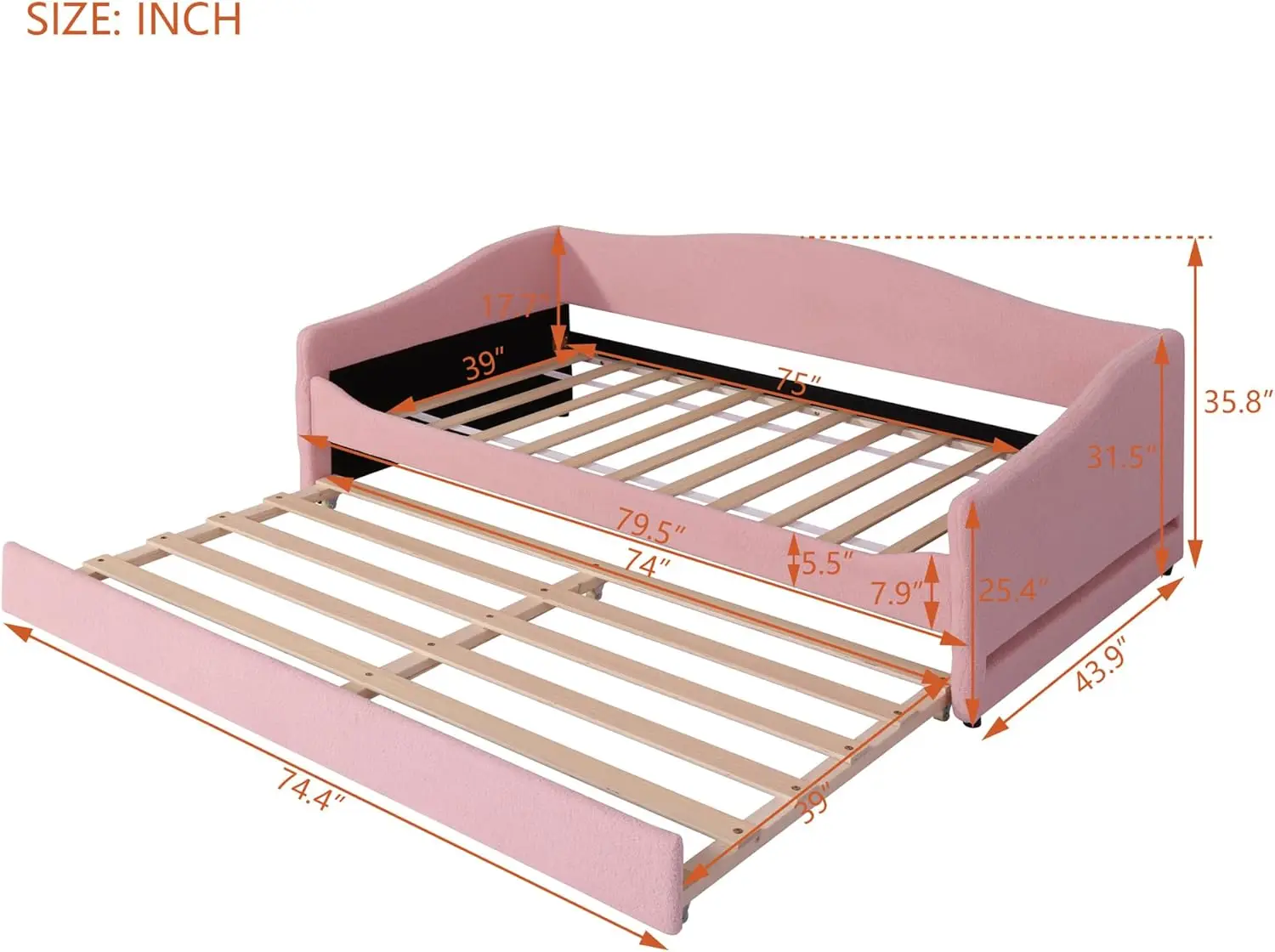 Twin Size estofados Daybed com luzes LED e moldura, moderno Bed Track Design, Teddy Fleece, sofá-cama Frame, sem Box Spring