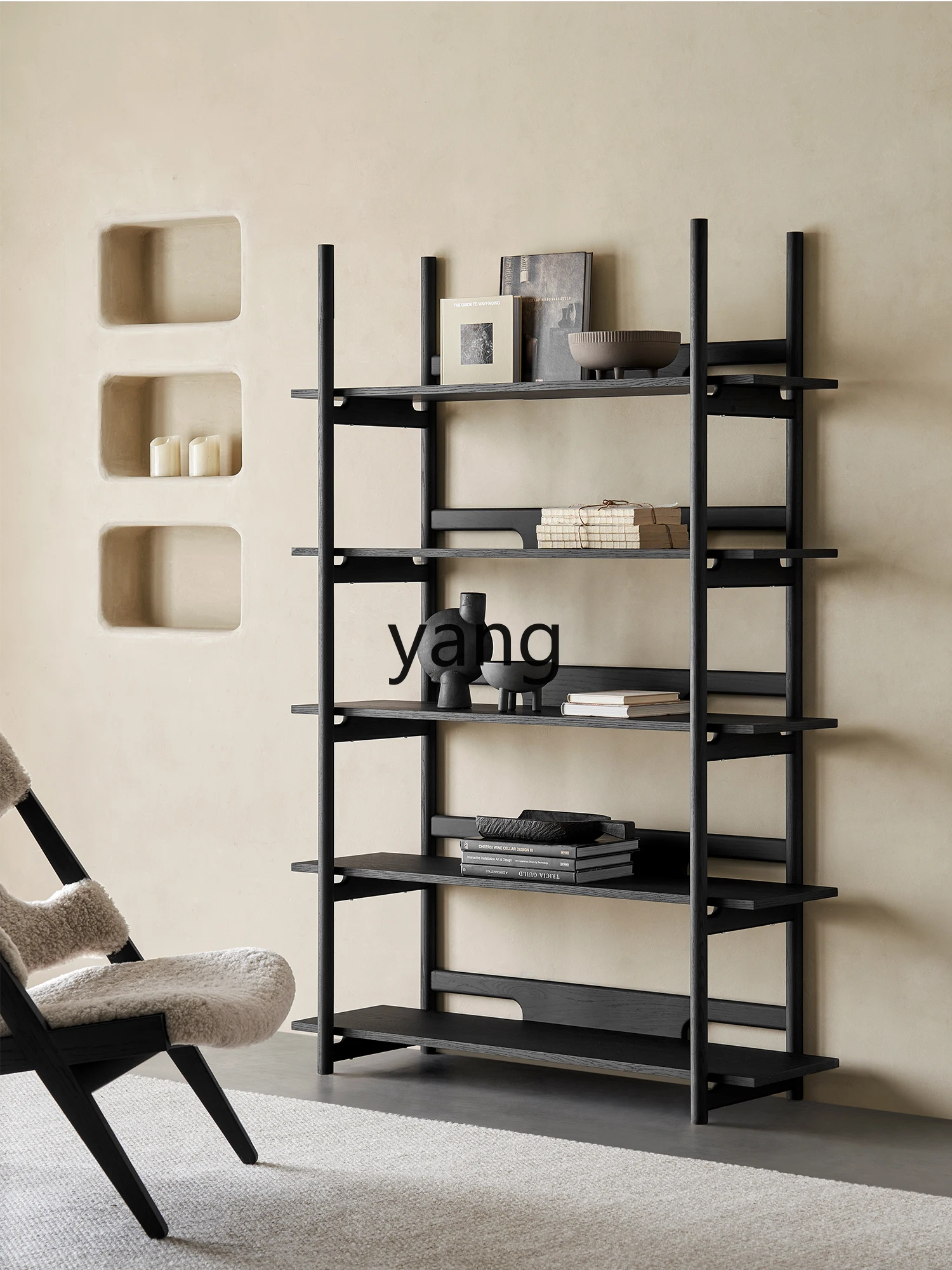 LXL Bookshelf Integrated Wall Solid Wood Floor Living Room Black Full Wall Multi-Layer Shelf