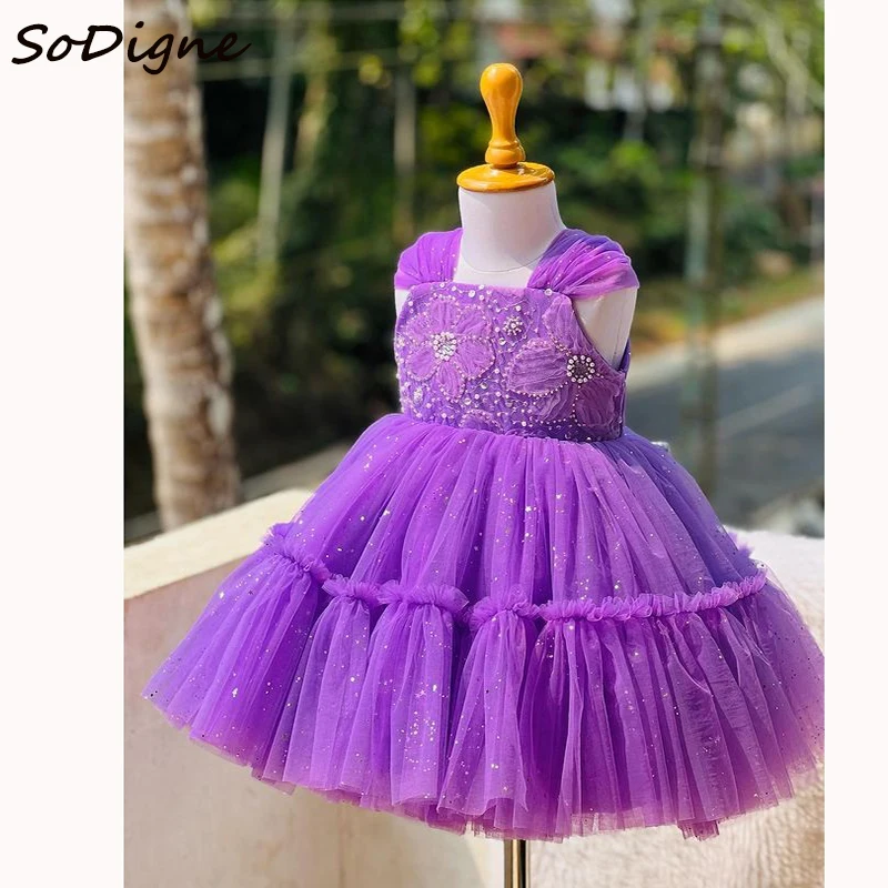 SoDigne A-line Tulle Flower Girl Dress Sleeveless Square Collar Beading Girls Skirt Party Dresses 2025 Kid Gown Customized