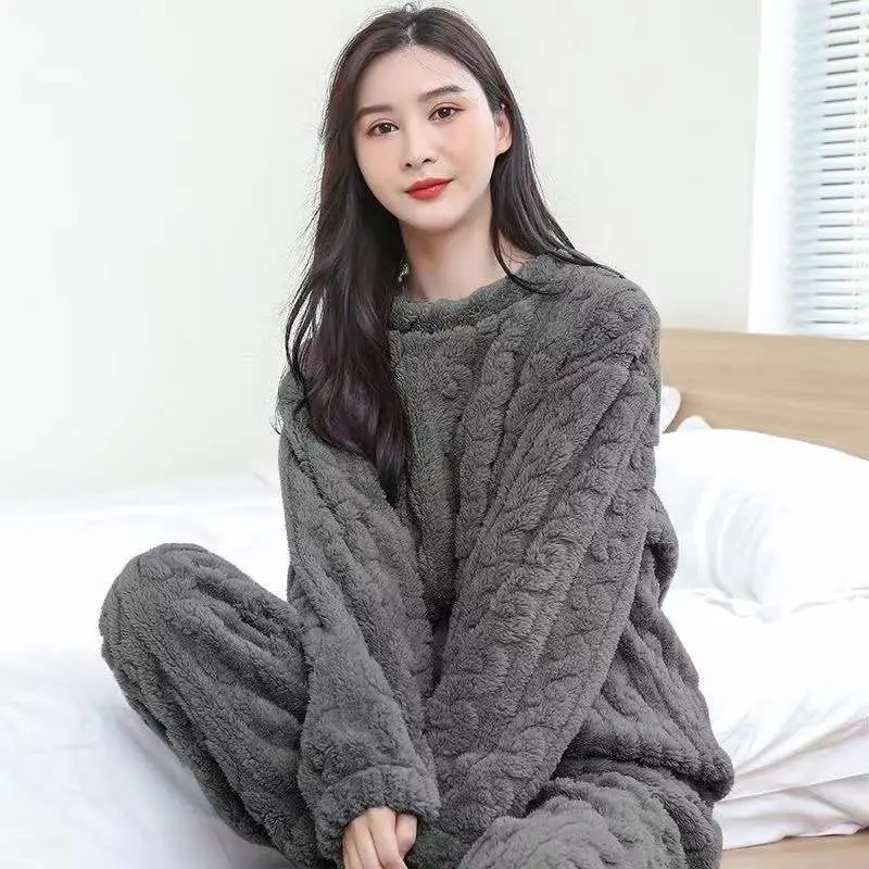 Autumn Winter Warm Pajamas 2 Piece Set Thicken Velvet Elasticated Women Casual Nightwear Lounge Suit Women\'s Pajamas Home Wear