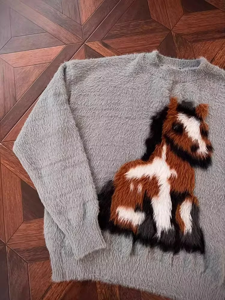 Suéter Retro Americano de Gamuza con Parches Tejidos, Estilo Hoado para Hombre, Estilo Pareja, Cuello Redondo, Manga Larga,...