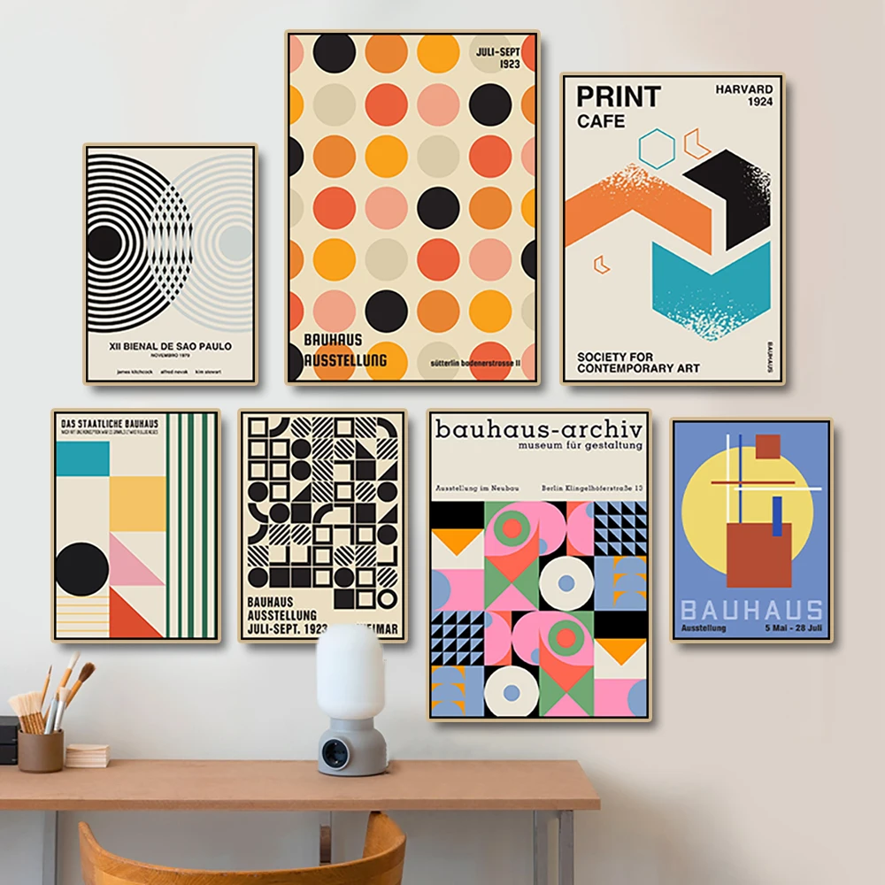A colorful Bauhaus-style exhibition—geometric pattern poster prints Minimalist abstract art for living room and bedroom walls