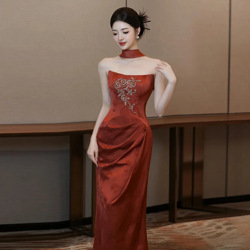 Toast Dress Bride Special Interest Light Luxury Retro New Chinese Style Morning Gowns Women's Tube Top Engagement out of Court