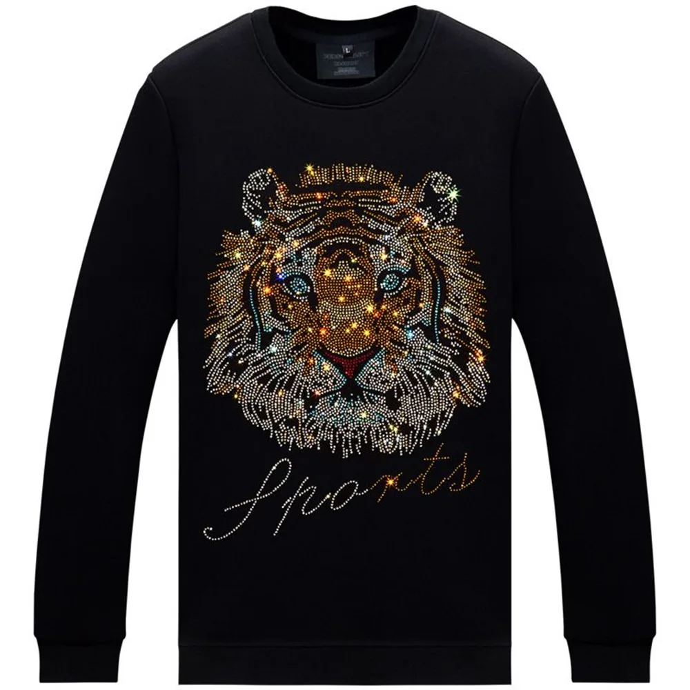 New Men's Long Sleeve T-Shirt Trendy Tiger Head Bright Diamond Tops Slim Fit Casual Round Neck Versatile Clothes Base Shirt