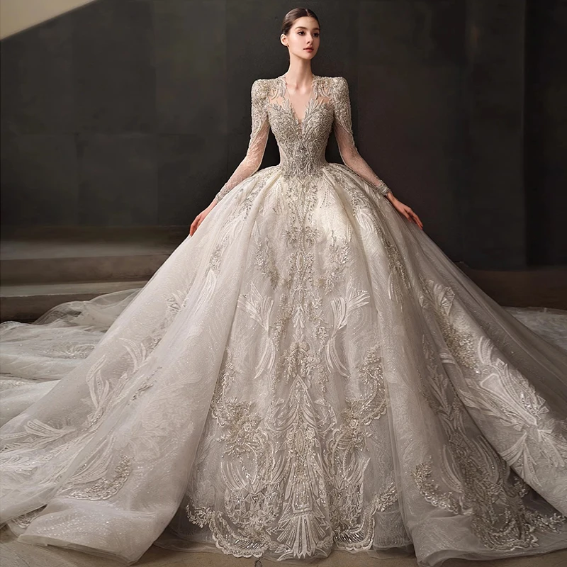 

Luxurious Beading Embroidery Wedding Dress with Long Sheer Sleeves Elegant V-Neck Ball Gown Bridal Dress for Church Wedding