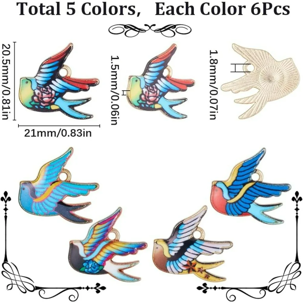 1 Box 30Pcs 5 Colors Metal Bird Charm Bulk Enamel Animal Charms Alloy Swallow Goose Peaceful Doves Flying Birds Charm