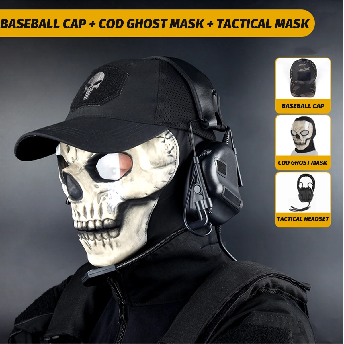 

Ghost Skull Mask with Baseball Cap Tactical Headset Full Face Protection Breathable Cod Mask for Cosplay Film Television Props