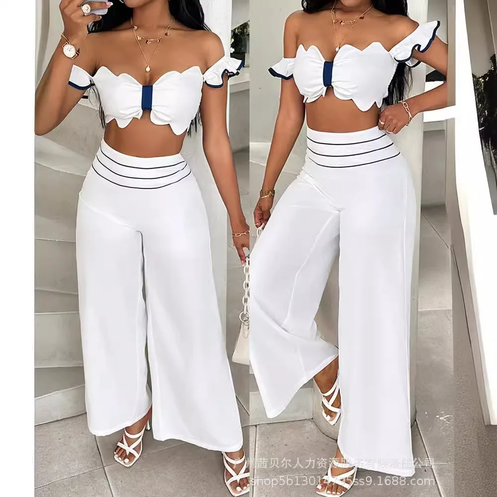 Off Shoulder Crop Top & Striped Wide Leg Pants Set Two Piece Set Sleeveless Loose Casual Elegant Summer Y2k Tops Long Pants