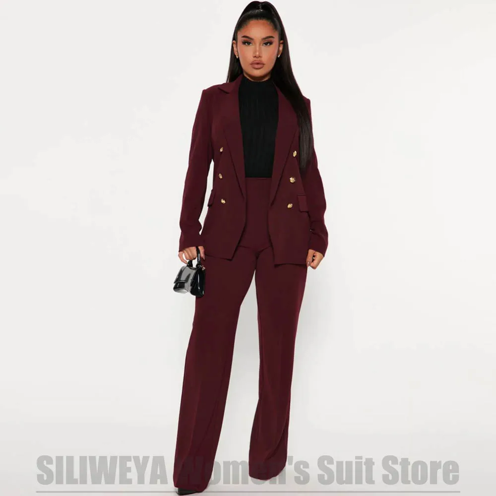 Burgundy Womens Double Breasted Gold Button Blazer Two Piece Suit High Waist Pants Fashion Office Business Casual Party Outfit