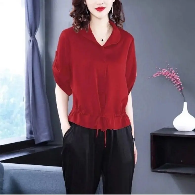 Summer Temperament Fashion Commuting Simple and Loose Casual Oversize Lapel Waist Collection Solid Color Short Sleeved Shirt