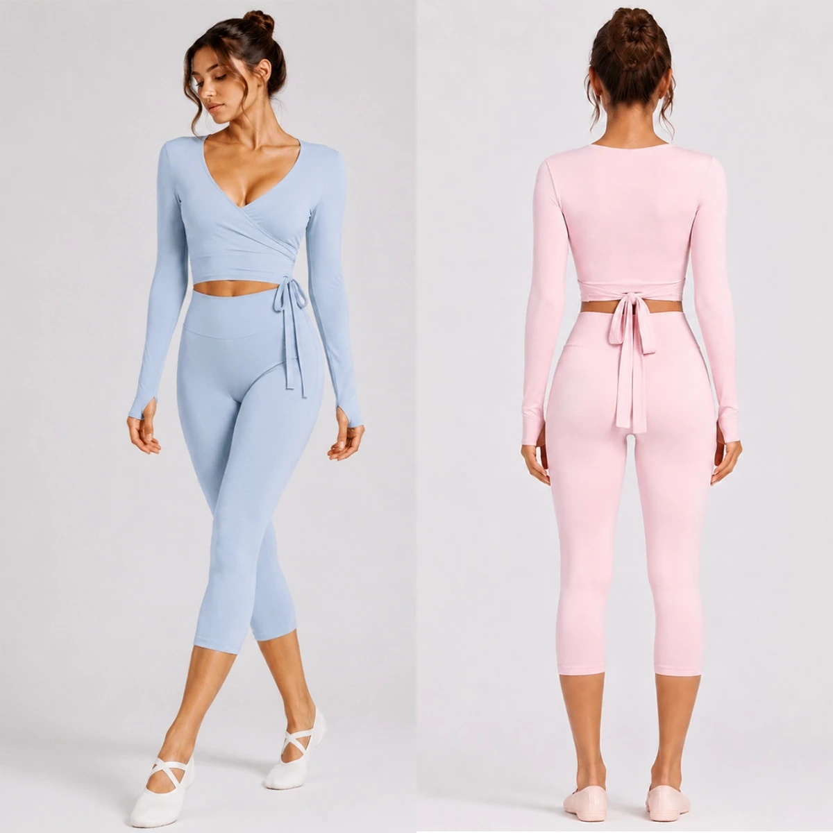Women 2Pcs Yoga Set Long Sleeve Wrap Tie Crop Top High Waist Capri Leggings Set Gym Fitness Pilates Ballet Workout Sports Suit