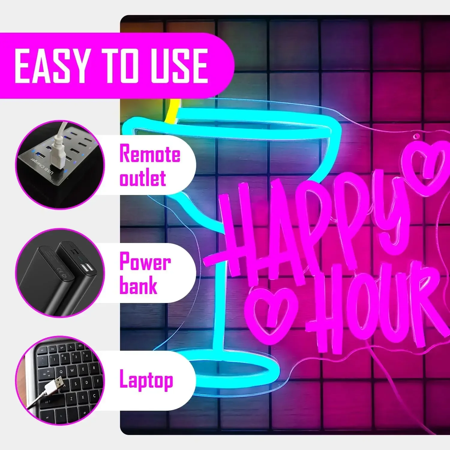 Happy Hour Neon Sign LED Wall Art Cocktail Glass Pink Blue Yellow USB Powered Dimmable Acrylic Glow Lamp Bar Party Decor