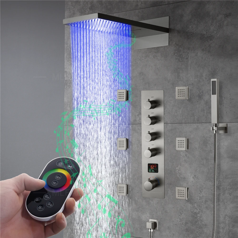 Ceiling Smart Bathroom Shower Set Brushed Nickel Shower Head and Hose Shower System Set With Music