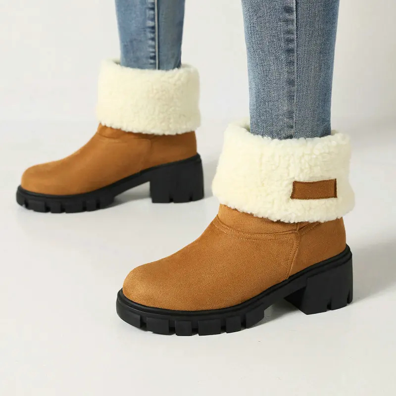 2022 Winter Warm Thick Faux Fur Lined Platform Square Chunky Med Heels Womens Snow Boots Plush Inside Heat Warmer Ankle Shoes