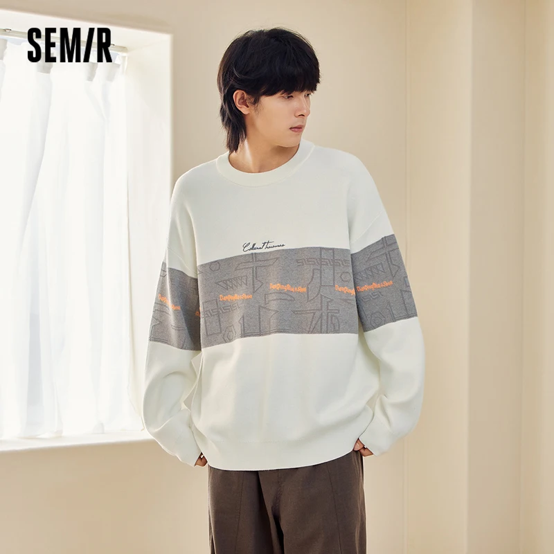 

Semir Sweater Men Winter Korean Style Knitted Sweater Contrasting Color Splicing Embroidered Jacquard Sweater