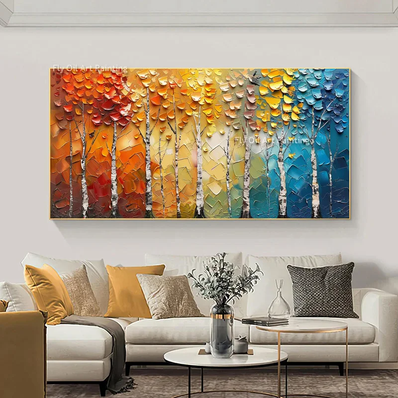 Large Rainbow Knife Thick Canvas Landscape Oil Painting Hand Painted Colorful Birch Tree Artwork Home Decor Items
