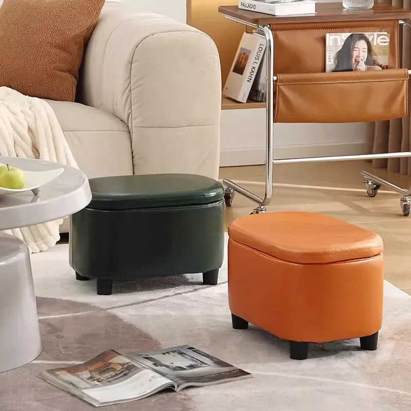 Footstool Pu Leather Storage Stool, Rectangular Large-Capacity Footstool, Living Room and Bedroom Stackable Waterproof Material